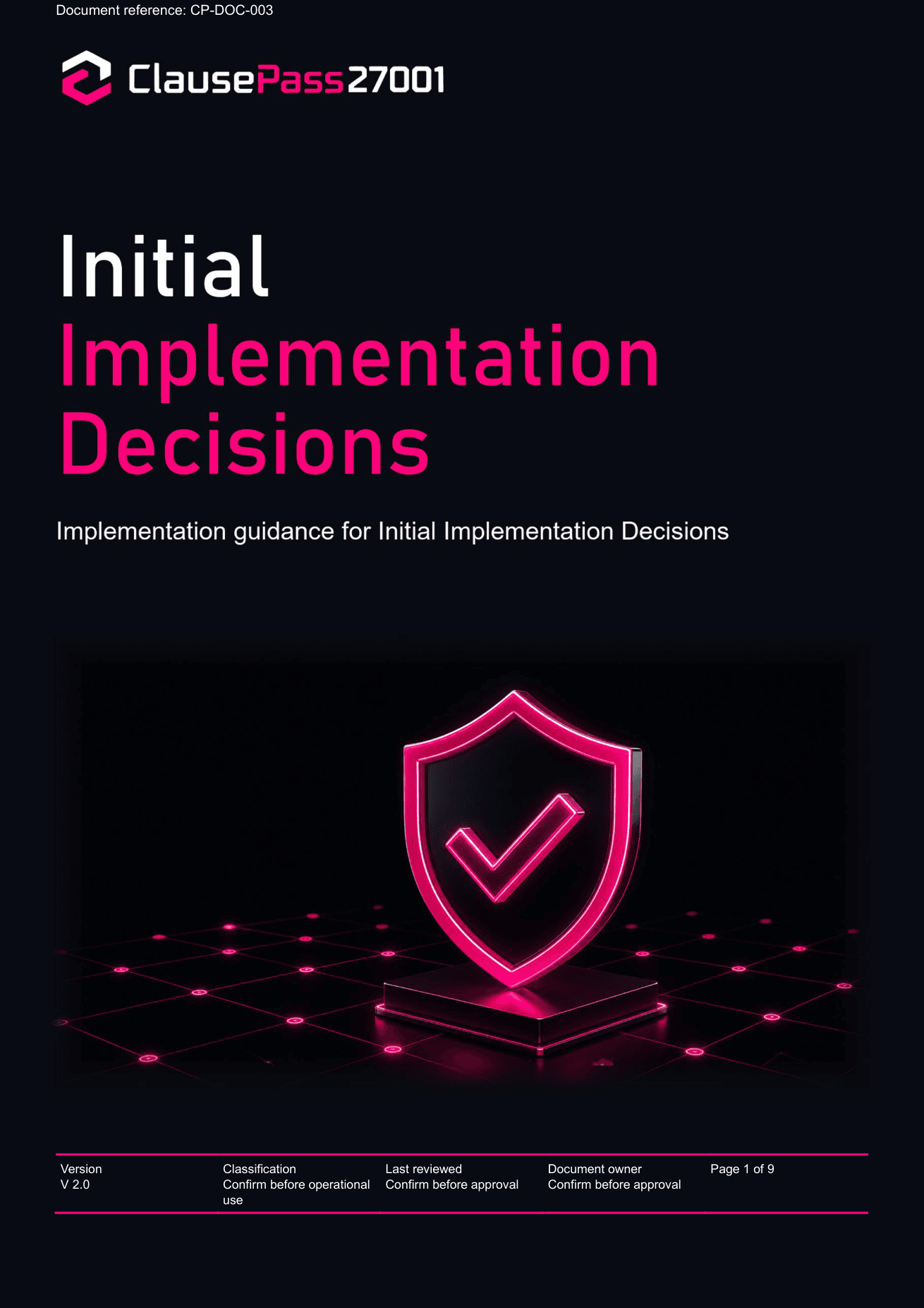 Actual ClausePass27001 document cover: Initial Implementation Decisions, CP-DOC-003, V2.0