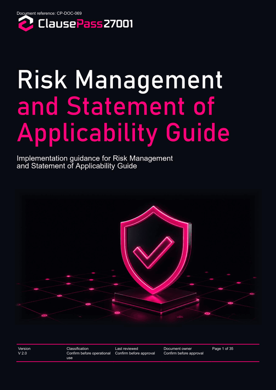 Actual ClausePass27001 document cover: Risk Management and Statement of Applicability Guide, CP-DOC-069, V2.0